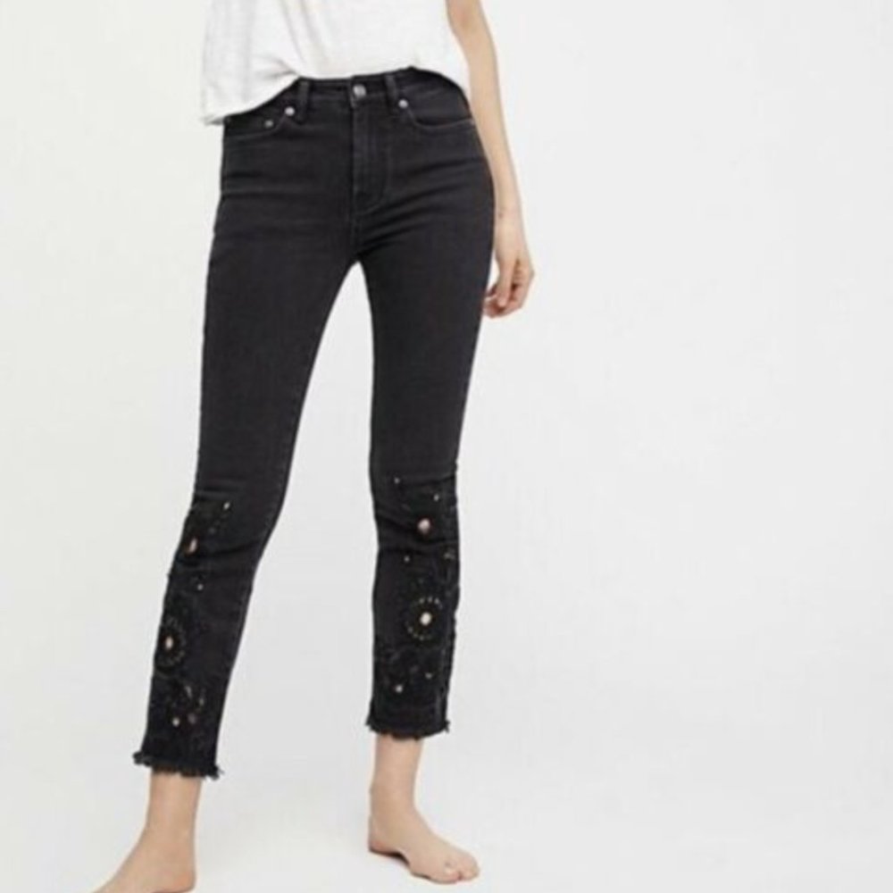 Free People Black Skinny Jeans with Embroidered Hem